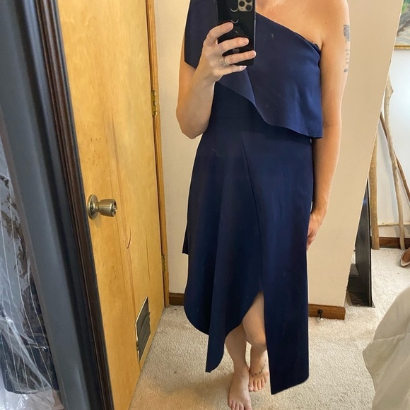 Topshop Ruffle One Shoulder Asymmetrical Hem Blue Scuba Dress - Picture 8 of 16